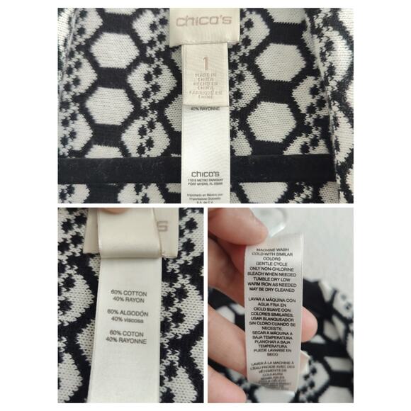 Chico's Size 1 US Med Black White Circle Geo Print Open Front Cardigan Sweater - Picture 2 of 8